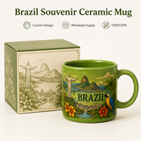 Mug à café en céramique souvenir du Brésil avec logo, boîte, motif perroquet, monument de Rio, tasse à lait/eau en porcelaine florale, personnalisable OEM ODM, vente en gros