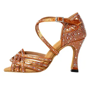 <span class=keywords><strong>Scarpe</strong></span> da Ballo Latino in Pelle per Donna, <span class=keywords><strong>Tacco</strong></span> Medio 7,5 cm, Arancione <span class=keywords><strong>con</strong></span> Diamanti, Suola Morbida, Sandali Estivi per Cha Cha, Tipo Outdoor - Product Image 4