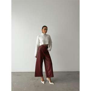 Pantalon en cuir bordeaux décontracté pour femme, taille élastique, avec poche avant, respirant, pantalon cargo à jambes larges, taille XL - Product Image 1