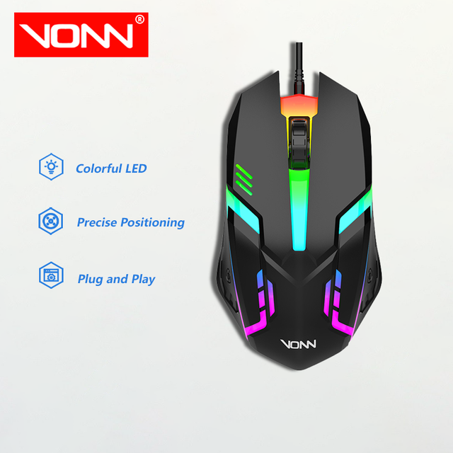 VONN Cheap V1 Wired USB 1.3M Cable Gaming Mouse 3D 7 Colorful Backlit 1200DPI Mice for Laptop PC Office Game