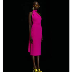 Vestido Midi Elegante de Verano para Mujer, Cuello Halter, Cintura Natural, Detalle de Bufanda, Fibra de Poliéster, Corte Entallado - Product Image 3