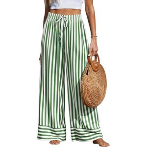Womens Palazzo <b>Pants</b> Green White Striped Wide Leg High Waist Flowy Chiffon Lounge Trousers Casual <b>Summer</b> <b>Pants</b> - Product Image 1