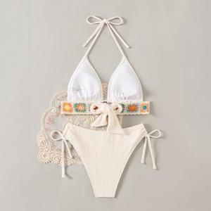 Summer Beach Women's Resort Floral Pattern Ribbon Patchwork Halter Neck Sexy <b>Bikini</b> <b>Set</b> - Product Image 2