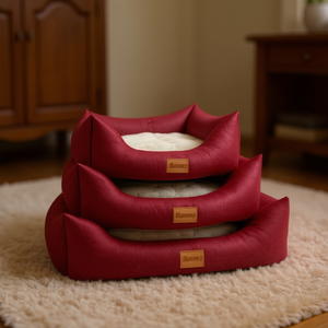 Wine Red Fine Linen & Embossed Flannel Three-Piece <b>Dog</b> House Set Luxury Pet <b>Beds</b> - Product Image 3