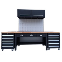 Banc de travail robuste double face Detall avec panneau perforé central, plan de travail partagé et rail électrique, capacité totale de 4000 lb