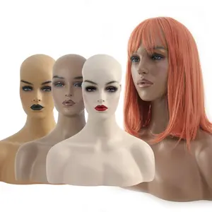 Indah Fiberglass Realistis Manekin Kepala Wig Tampilan Makeup Manekin Kepala dengan Bahu & Bulu Mata