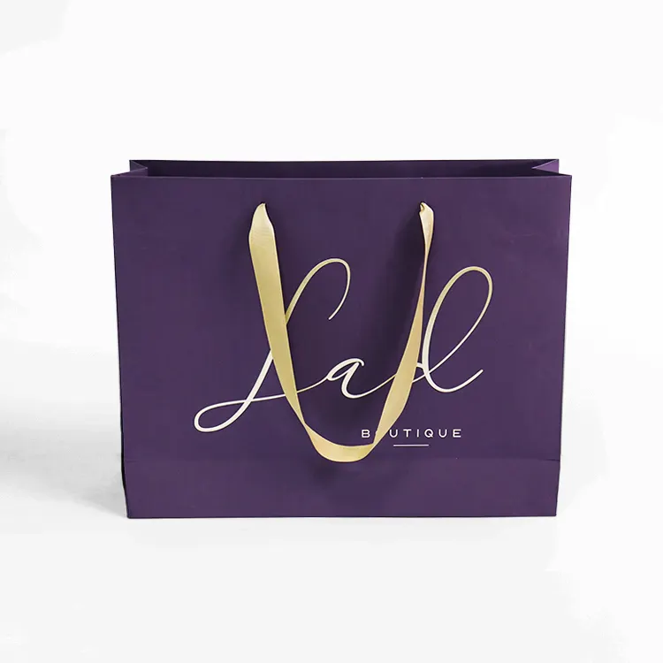 Custom di lusso viola Boutique borse per la spesa Color Pantone oro stampa a caldo sacchetti di carta con manico in seta per vestiti e scarpe
