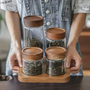 Acacia toples penyimpanan kaca kayu set, toples penyimpanan sereal teh gaya Jepang, botol kaca kayu padat, set toples penyimpanan kompartemen