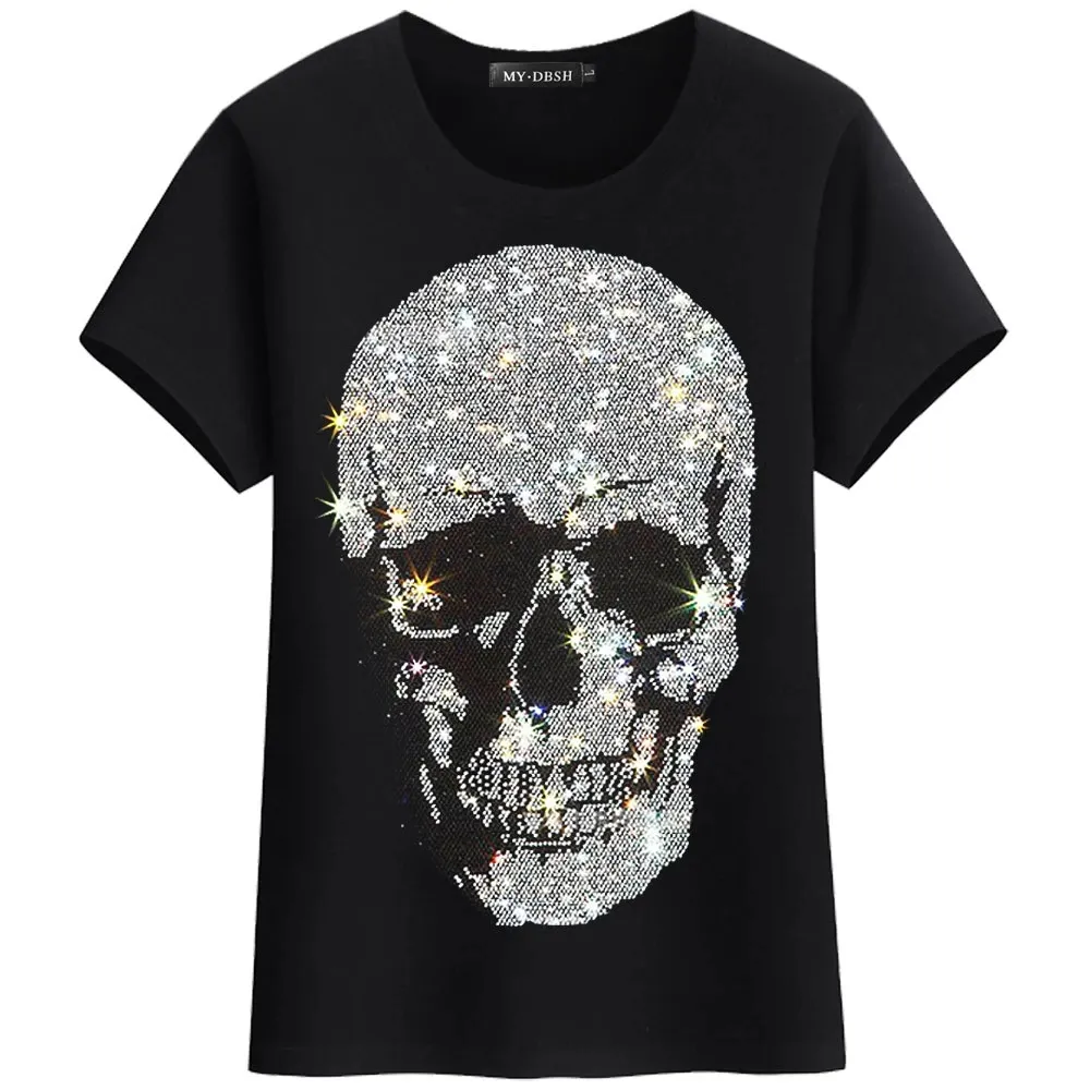 Custom Logo Manufactures Color Skull Rhinestones Cotton T Shirt Man Clothing Tee Shirt With Rhinestone Transfer T-shirt custom