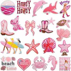 Iron on Embroidered pink Style Beach Time Sea Star Boots Howdy Sea House Crab Dolphin Patch for Clothing <b>Hat</b> <b>Bag</b> Decoration - Product Image 1