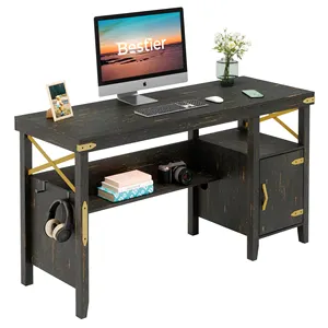 ordinateur de bureau imprimante table Suppliers-Table de bureau en bois à granulés, meuble de rangement 55 pouces, Style ferme et bureau à domicile avec bibliothèque