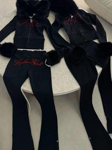 Y2k abbigliamento con cappuccio giacca di pelliccia tinta unita a contrasto cerniera con cappuccio maglione lungo Cardigan pantaloni a vita alta Casual sport - Product Image 3