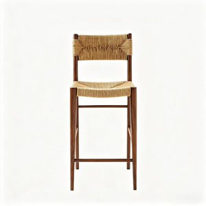Taburete de Bar de Roble Macizo con Cuerda Tejida a Mano, Silla de Altura Media para Isla de Cocina y Bar, Personalizable, CD1383-B, Estructura de Roble Macizo - Product Image 1