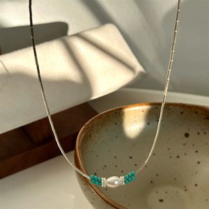 Collar de Plata de Ley 925 con Turquesa y Perla en Tubo, Piedra Preciosa Natural, Cadena Ajustable, Joyería Esencial para el Día a Día - Product Image 4