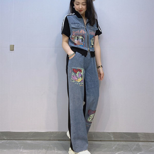 Conjunto Casual de Dos Piezas de Mezclilla con Cárdigan Corto con Cremallera y Pantalones de Manga Corta con Diamantes <span class=keywords><strong>para</strong></span> <span class=keywords><strong>Mujer</strong></span>, Moda de Verano B0153 - Product Image 2