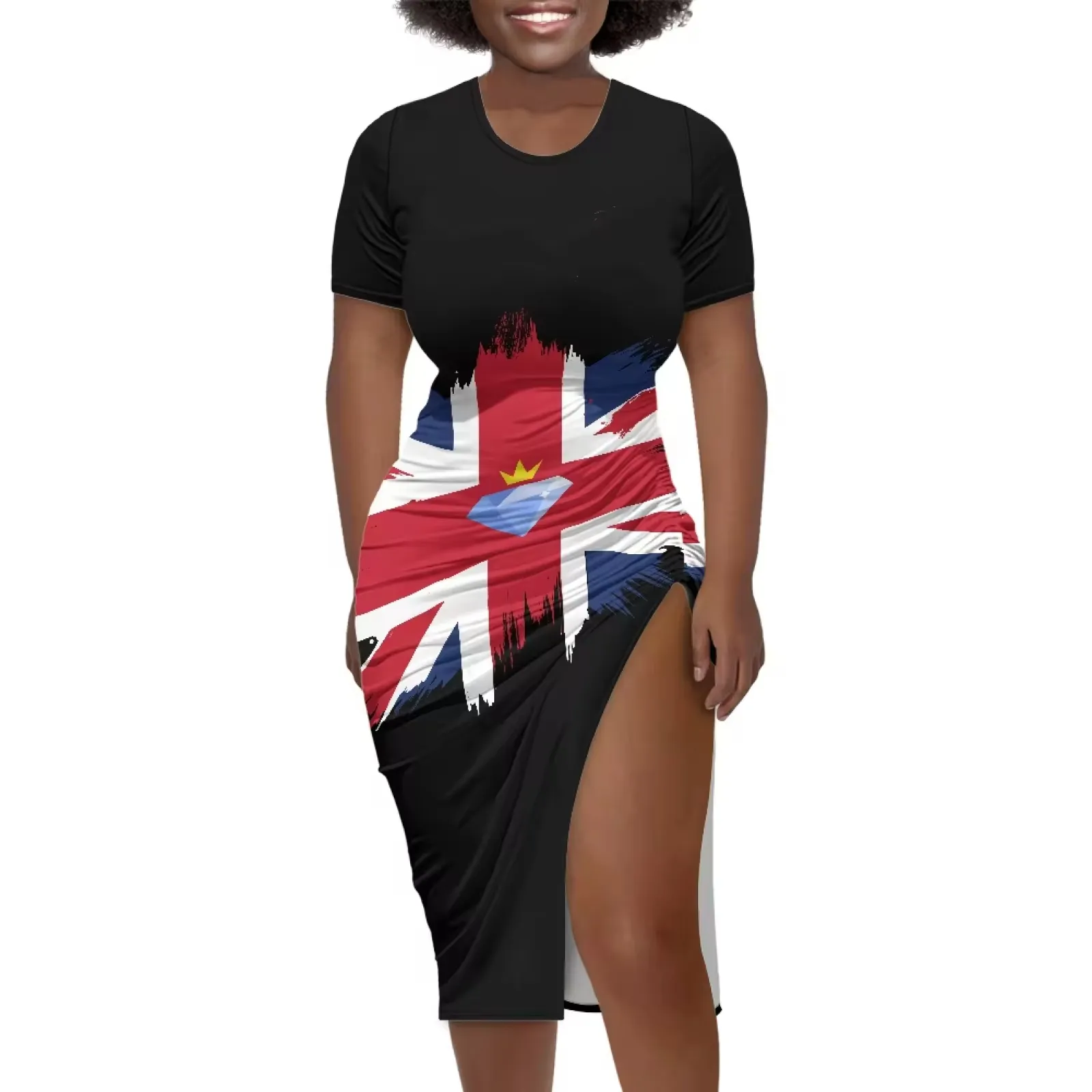 Professional Customized Side Slit Bodycon Dress Sexy Short Sleeve Elegant Union Jack Party Women's Midi Dress Wholesale