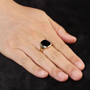Xinfly Sweat Proof Pure 18K 750 Real Gold Jewelry Natural Square <b>Black</b> Agate Signet Retro <b>Ring</b> for <b>Men</b> - Product Image 4