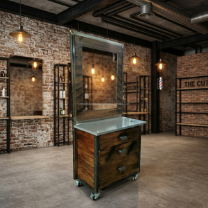 Station de barbier vintage en bois de style campagnard avec dessus en contreplaqué et tiroirs durables pour salon de coiffure et barbier - Product Image 2