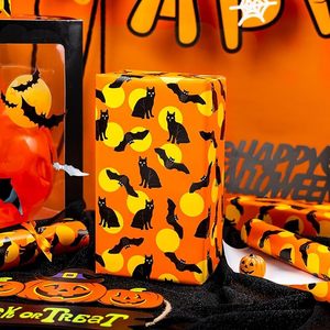 Papel de Regalo de Halloween con Diseño de Gato Negro, Papel de Regalo Vibrante con Gato Fantasmal Naranja y Murciélagos Voladores, Papel de Regalo con Patrón de Halloween - Product Image 2