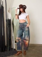 Jean en denim pour femme de haute qualité, coupe baril, imprimé animal numérique, décontracté, sexy, en coton, bleu délavé vintage, pour l'été