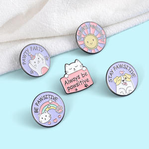 'Be Pawsitive' Emaille Pins New Style Süße Cartoon Tiere Party Katze Hund Lila Runde Brosche Revers Abzeichen - Product Image 2