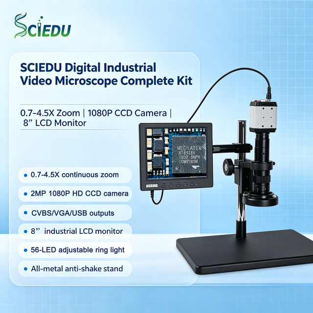 SCIEDU 0.7-4.5X Continuous Zoom Video Microscope with 8" LCD Monitor Digital Industrial Microscope Kit for Laboratory Use