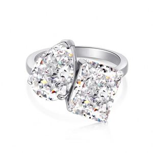 Dylam Rhodium Plated S925 <b>Silver</b> 2-Stone Engagement 3ct Tear Rectangle 8A Zirconia Open <b>Adjustable</b> Wedding Anniversary <b>Ring</b> - Product Image 1