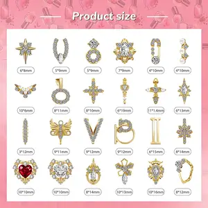Hiasan Kuku Berlian Imitasi Mewah 3D, Perhiasan Kuku Berlian Mewah Mewah, Perhiasan Desain Cantik, Seni Kuku Hati Emas