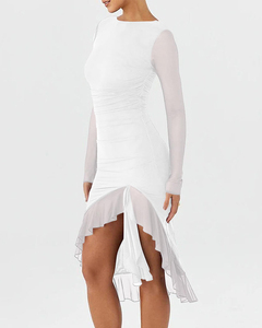 Robe élégante pour <span class=keywords><strong>soirée</strong></span>, club, femme, en maille unie, manches longues, plissée, moulante, mi-longue, ourlet asymétrique à volants, fente haute - Product Image 5