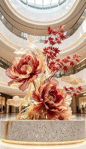 Y-011 Installation florale géante de luxe en organza artificiel, pivoine et érable, pour la décoration de hall d'hôtel - Product Image 6