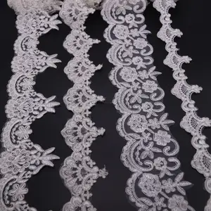 Width 8-13 cm Polyester white Non elastic embroidered corded lace trim bar code bone Strand tulle lace for wedding dress Curtain