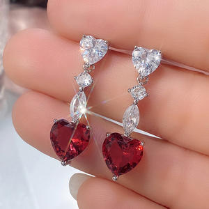 Boucles d'oreilles élégantes en forme de cœur, en argent 925, cristal rubis, bijoux de mariage pour femmes, style romantique, serti de griffes - Product Image 6