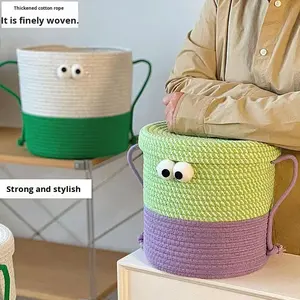 Karikatür pamuk halat yuvarlak Modern ve basit depolama sepeti oyuncak masaüstü aperatif depolama için kapaklı büyük gözlü canavar tasarım - Product Image 3