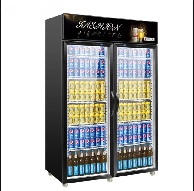 مبرد للمتاجر الزجاجية أبواب مزدوجة مستقيمة تبريد تجاري معدات الثلاجة مشروب واقفا عرض مبرد