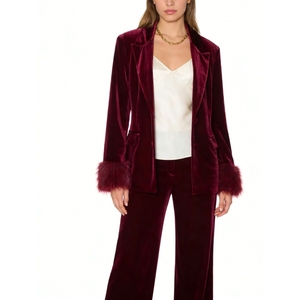 Conjunto de 2 Piezas de Blazer y Pantalones Anchos de <span class=keywords><strong>Terciopelo</strong></span> para <span class=keywords><strong>Mujer</strong></span> - Puños de Piel Sintética con Plumas, Conjunto Formal Sehe Fashionbisou - Product Image 3