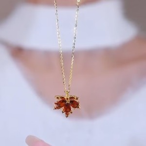 Red Maple Leaf Necklace Stainless Steel Clavicle Chain Autumn Winter Style Inlaid Pendant For Women - Product Image 1