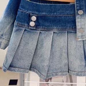 2024 nuovo Set di <span class=keywords><strong>abbigliamento</strong></span> per ragazze autunnali Set di gonna a rampa per bambini Set di gonna in Denim alla moda per ragazze Set di cappotti e gonna in due pezzi - Product Image 6