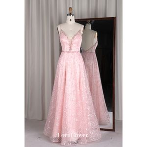 现代性感深v领亮片热石头粉色伴娘晚礼服，适合婚礼派对或卡萨门托节日 - Product Image 1