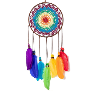 Attrape-rêves en plumes arc-en-ciel faits à la main décoration murale ornements <span class=keywords><strong>chambre</strong></span> tenture murale décor attrape-rêves - Product Image 1