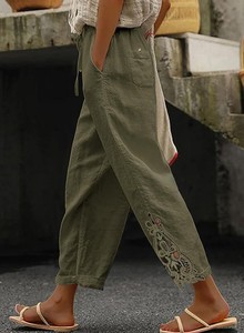 <span class=keywords><strong>Pantaloni</strong></span> da <span class=keywords><strong>donna</strong></span> a vita alta con patchwork in pizzo, vita con coulisse, tasche <span class=keywords><strong>laterali</strong></span> e <span class=keywords><strong>bottoni</strong></span>, leggeri, ampi e casual - Product Image 4