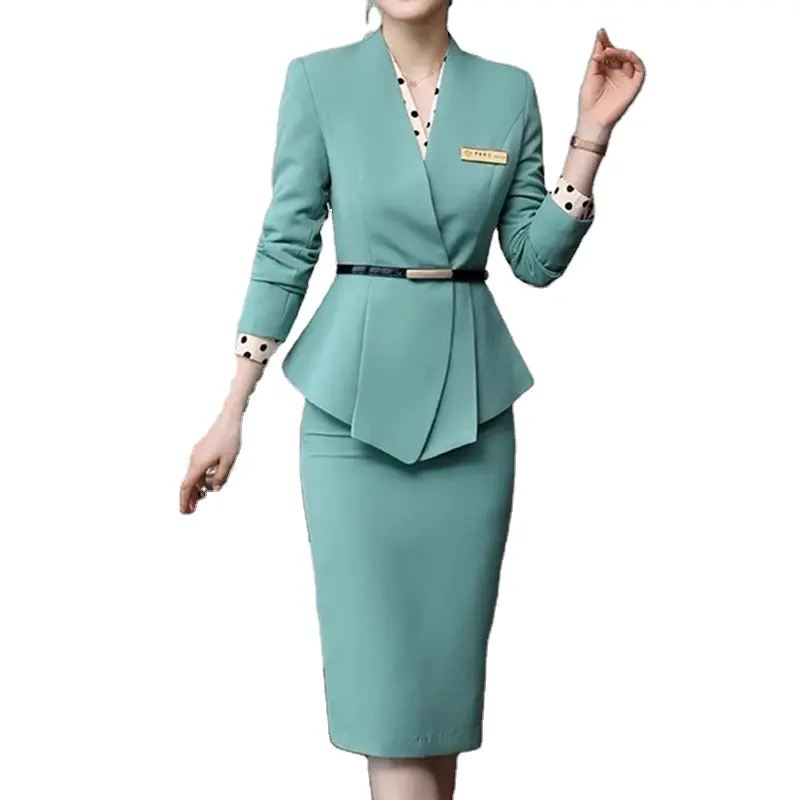 Beige 2 Piece Dealers Set Office Ladies Skirt Suit Uniform Designs Women Business Suits for work Formal Wear