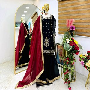Conjunto de Salwar Kameez de Seda Elástica con Bordado Floral Negro para Mujer, Ropa India y Pakistaní para Fiestas y Bodas - Product Image 1