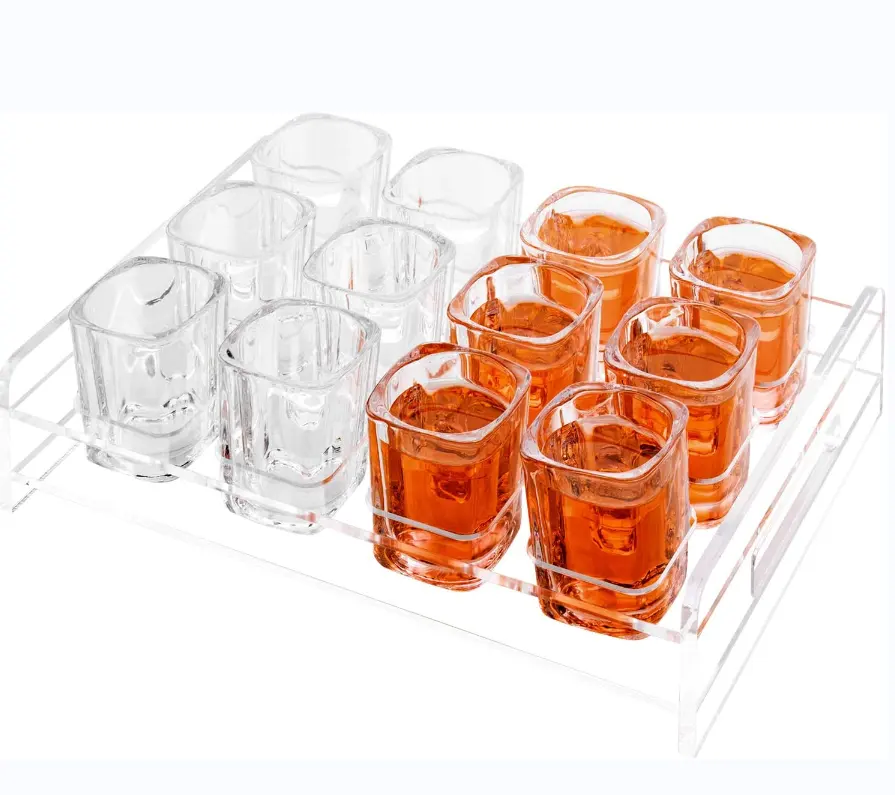 Plateau de service pour boisson liquide, en acrylique transparent, avec 12 verres à Shot et poignées découpées, pour fête