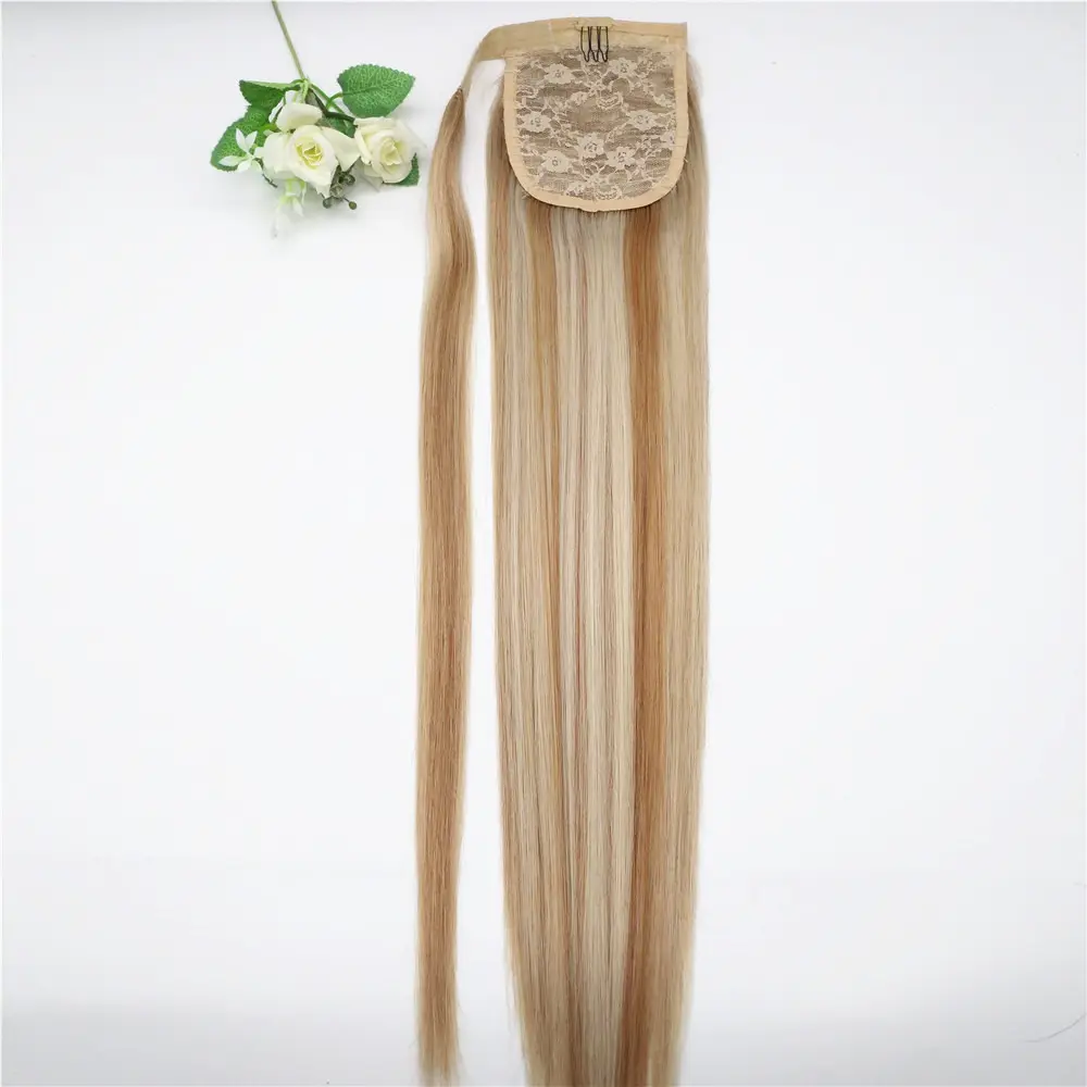 Virgin human hair extensions brown color blonde highlight ponytail extensions real remy clip in ponytails