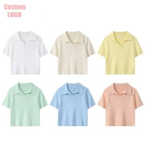 Polo con Top corto estampado de alta calidad para mujer, camiseta personalizada en blanco de Color sólido con logotipo bordado, camisa con cuello Polo para mujer - Product Image 1