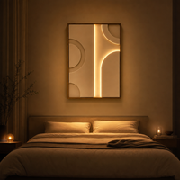 Décoration murale LED beige crème, art mural géométrique minimaliste neutre avec lumière chaude, toile texturée jaune blanc doux
