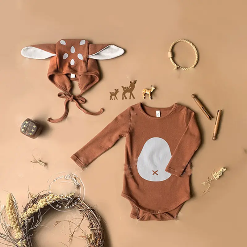 Wholesale Newborn Ribbed Cotton Clothes Cartoon Design Spring Autumn Jumpsuit Baby Cute Hat Pajama Set