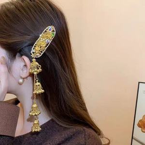 Zoryn Kamishiro <b>Hair</b> <b>Clip</b> Earrings <b>Diamond</b>-Inlaid Alloy Electroplated Oval Flower Bell Tassel Ethnic Style Light Luxury Elegant - Product Image 3