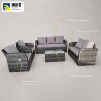 Ensemble de meubles de patio extérieur 5 pièces en rotin PE gris, canapé 3 places, causeuse, 2 fauteuils inclinables, table en verre