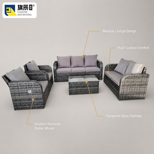 Ensemble de meubles de patio extérieur 5 pièces en rotin PE gris, canapé 3 <span class=keywords><strong>places</strong></span>, causeuse, 2 fauteuils inclinables, table en verre - Product Image 4